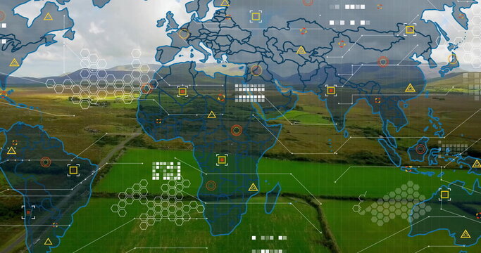 Overlaying map on fields, displaying hex clusters, warning icons, circular markers and grid lines