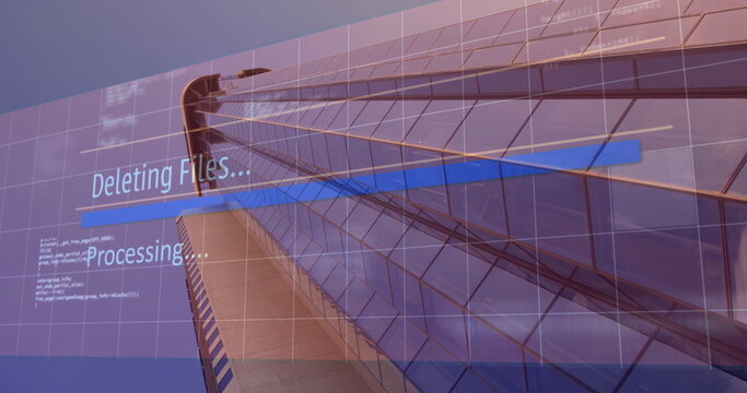 Glass tower rising in city, with grid overlay, Deleting Files progress bar and processing status