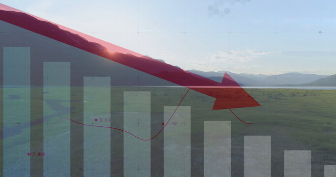 Slanting red downward arrow showing decline over marshland with bar chart, line and labels