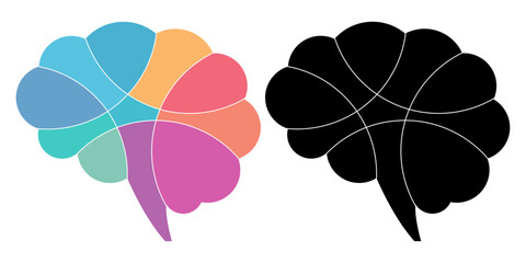 Human brain icon set, colored and black vector illustration with colored parts