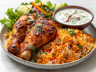 Biryani rice with chicken leg, raita in a bowl, and salad on side, full plate composition, white background