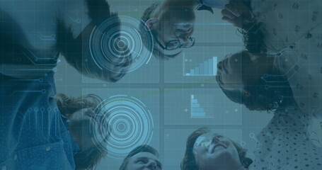 Six colleagues examining holographic interface in meeting room, with target rings and grid overlays