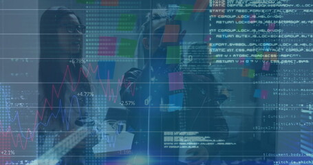 Professionals in office analyzing sticky notes, holding coffee mugs amid stock graphs code overlays