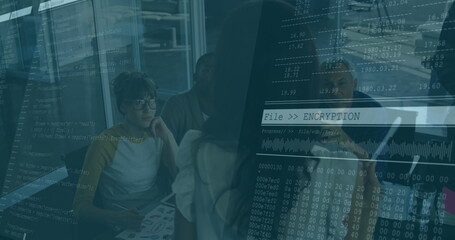 Discussing data security, team collaborating in glass office with laptop, charts and code overlay