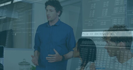 Delivering presentation man in blue shirt speaking in modern conference room, with code overlays