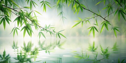 Naklejka premium Serene Bamboo Branches Reflecting in Still Water, a Tranquil Scene of Nature's Peaceful Beauty