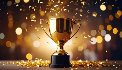 Golden trophy surrounded by confetti and bokeh lights