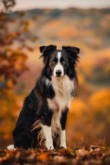 Fototapeta premium A black and white border collie dog sits outdoors with autumn leaves and blurry orange foliage in the background.
