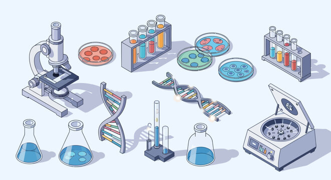Isometric illustration of scientific laboratory equipment, including microscope, test tubes, petri dishes, DNA strands, and centrifuge. - Powered by Adobe