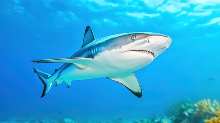 Fototapeta premium Majestic shark swimming gracefully in clear blue ocean waters showcasing vibrant marine life and underwater beauty in coral reefs
