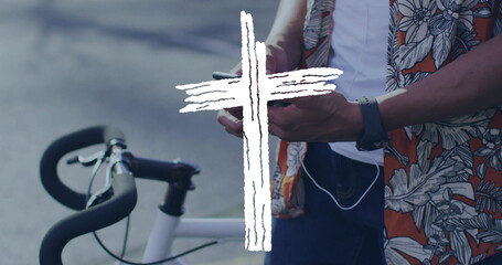 Checking smartphone cyclist in floral shirt on urban street, with white bicycle, earphones