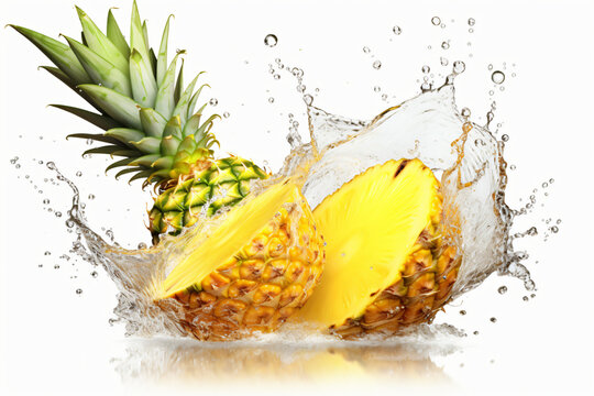 sliced fresh pineapple with water splash on white, tropical exotic fruit