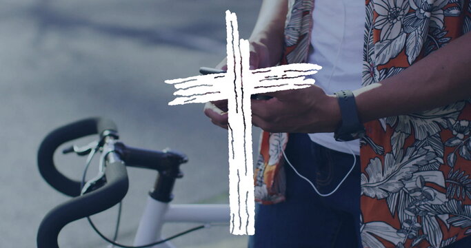 Checking smartphone cyclist in floral shirt on urban street, with white bicycle, earphones