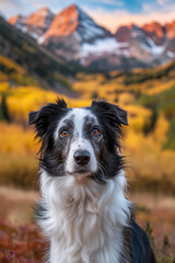 Fototapeta premium Black and white border collie dog looking in camera. Majestic brown mountain range in blurry background, autumn season background concept.