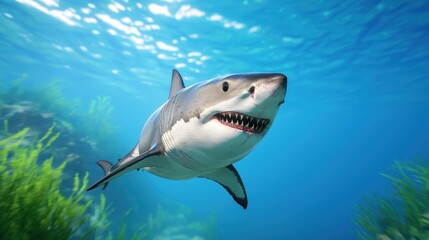 Fototapeta premium Underwater Encounter with a Fierce Shark Swimming through Crystal Clear Waters Surrounded by Lush Marine Vegetation