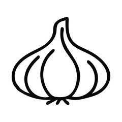 Single garlic clove is drawn in thick black outlines on a white background