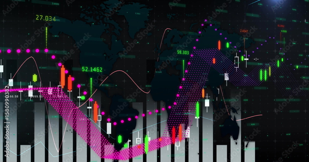 Poster displaying bar and line graphs visualizing trends at dashboard, with neon labels on world map grid