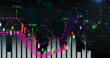 Displaying bar and line graphs visualizing trends at dashboard, with neon labels on world map grid