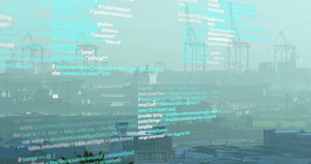 Displaying row of steel gantry cranes lining cargo port, with stacked containers and code overlay