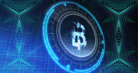 Rotating glowing Bitcoin symbol in digital interface with radial ticks, overlaying neon blue grid