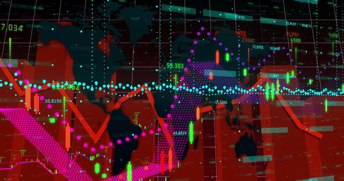 Displaying global finance data overlaying world map in dashboard, with candlesticks and trend lines