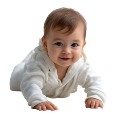 Baby crawling on a white surface, smiling and exploring with curiosity during daytime indoors