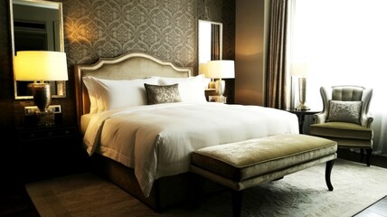Luxury, warm inviting modern bedroom in the morning 