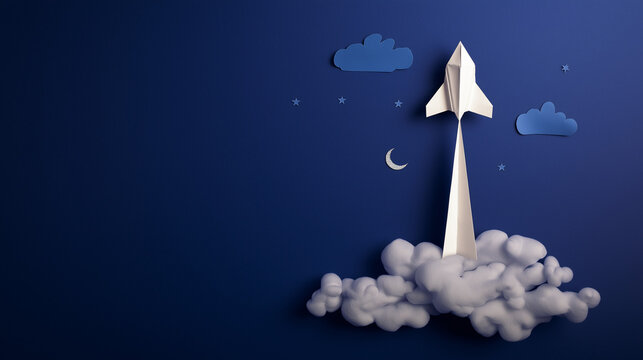 Paper craft rocket launch against a starry night, emerging from soft clouds. A symbol for ambitious dreams, successful startup ventures, and inspiring new beginnings