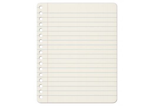 Lined notebook paper with spiral holes on a transparent background, ideal for digital design, scrapbooking, or educational projects