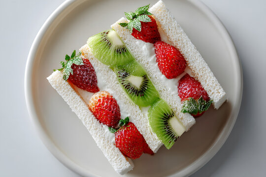 mixed fruit sando sandwich white bread with strawberries, kiwi and whipped cream. on white plate.  Japanese sweet bakery. aesthetic minimal food photo.