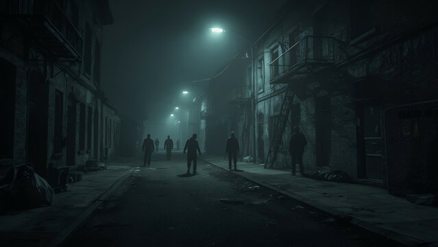 Foggy alley with zombie shadows at night