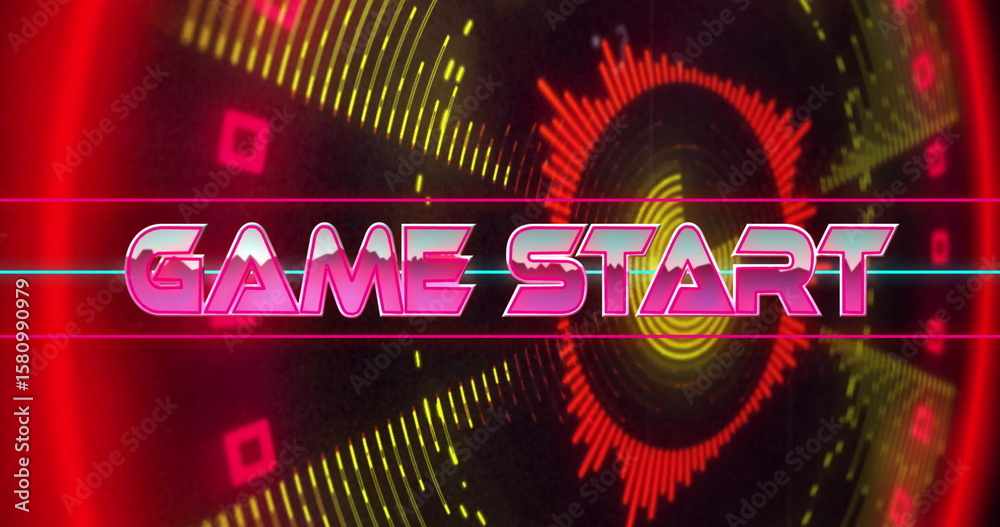 Poster illuminating retro-futuristic neon game start text on virtual game interface, with waveform visuals