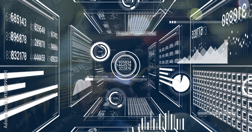 Poster displaying floating data panels converging toward center in grid space, with numeric readouts