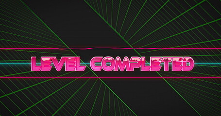 Neon pink 3D LEVEL COMPLETED text shining in gaming interface, with pink-cyan lines and green grid