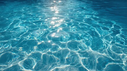 Obraz premium Vibrant photo of macro top view of a blue pool surface with clear light blue water showing one natural, shallow ripple, detailed gentle wave patterns and soft reflections.