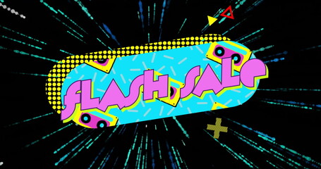 Displaying blue pill banner flashing neon FLASH SALE text in web promo with sprinkles, teal streaks