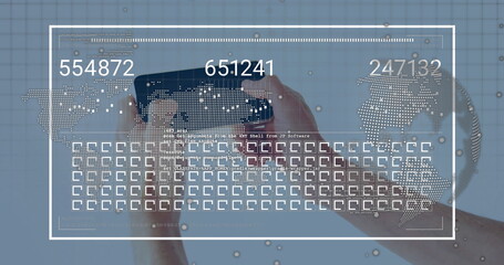 Hands holding black smartphone and coiled headset cable in studio, with digital overlay elements