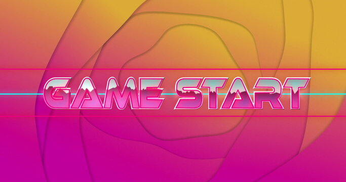 Fototapeta Glowing neon-styled 'GAME START' lettering shining over arcade backdrop, with neon light bars