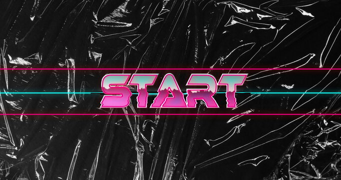 Fototapeta Displaying retro neon text START on crinkled black vinyl backdrop, with pink and cyan lines