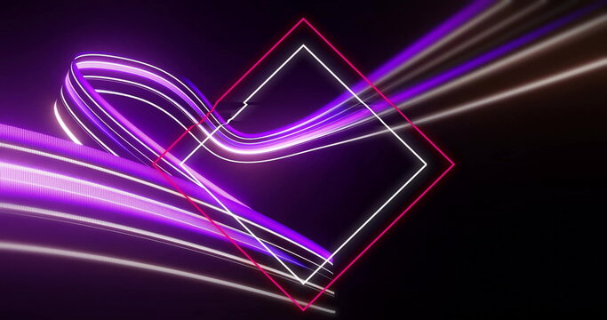 Flowing glowing neon light streams weaving around white-lined pink-outlined neon diamond in void