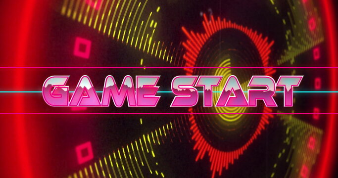 Illuminating retro-futuristic neon GAME START text on virtual game interface, with waveform visuals