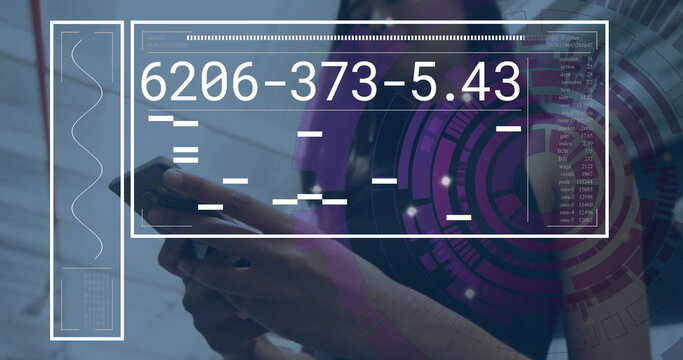 Holding smartphone businesswoman using AR interface in corporate lobby, data visualization