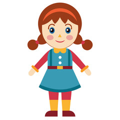 A charming cartoon illustration of a young girl with brown hair in pigtails wearing a blue dress red long sleeve shirt and yellow boots set