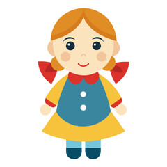 Cartoon Illustration of a Cute Girl Doll with Pigtails and a Colorful Dress Featuring Simple Shapes and a Cheerful Expression Isolated on a White Background