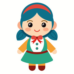 Cute Cartoon Girl with Blue Hair and Green Dress Featuring a Red Bow and Headband Standing on a White Background Ideal for Children s Illustrations
