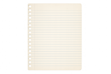 Spiral-bound notebook page with perforated margin, white paper surface against transparency, suitable for design mockups