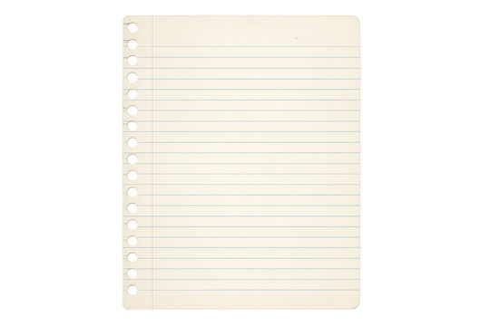 Spiral-bound notebook page with perforated margin, white paper surface against transparency, suitable for design mockups
