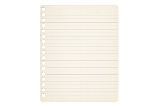 Spiral-bound notebook page with perforated margin, white paper surface against transparency, suitable for design mockups