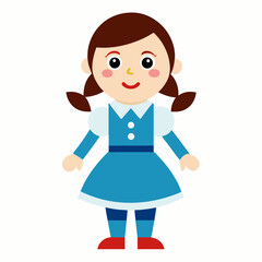 A cartoon illustration of a young girl with brown hair in pigtails wearing a blue dress blue and navy socks and red shoes standing against