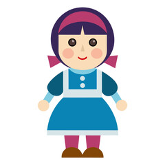 A charming cartoon illustration of a girl with purple hair rosy cheeks and a blue dress rendered in a simple geometric style against a clean